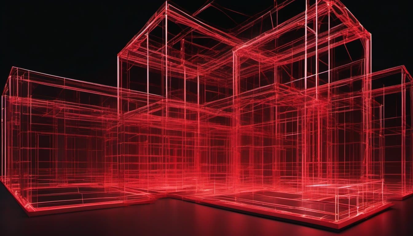 Abstract glowing red wireframe structure on black, representing the structure behind Rekort