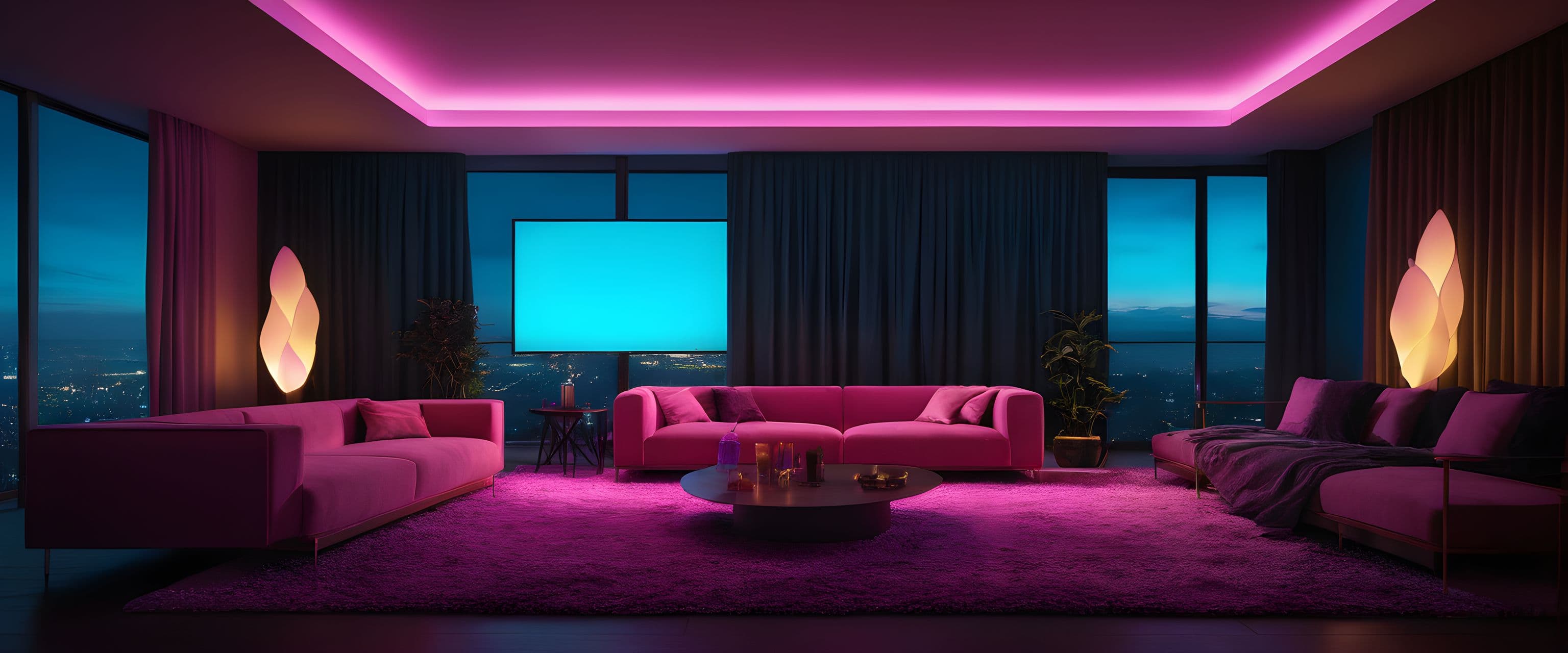 Modern lounge interior with ambient pink, cyan and gold lighting at night