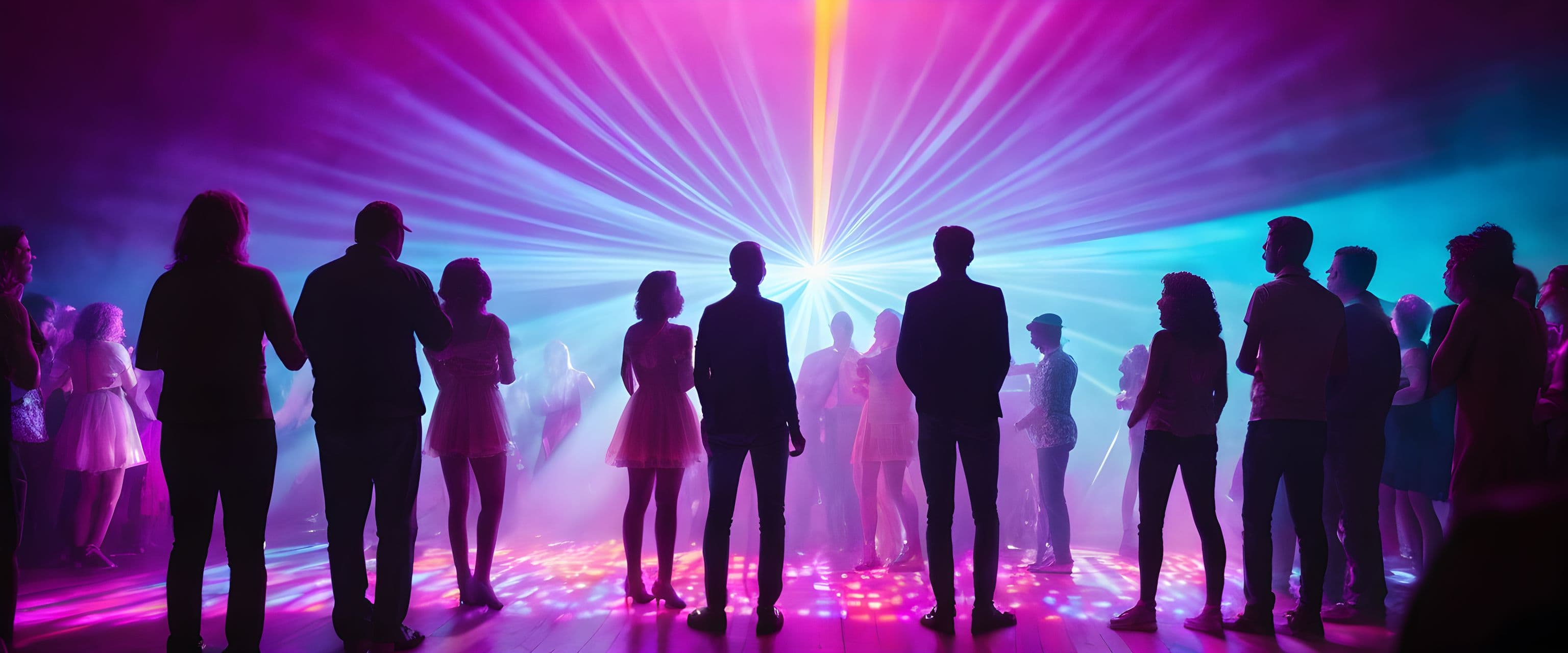 Dancefloor crowd in haze under colourful light beams