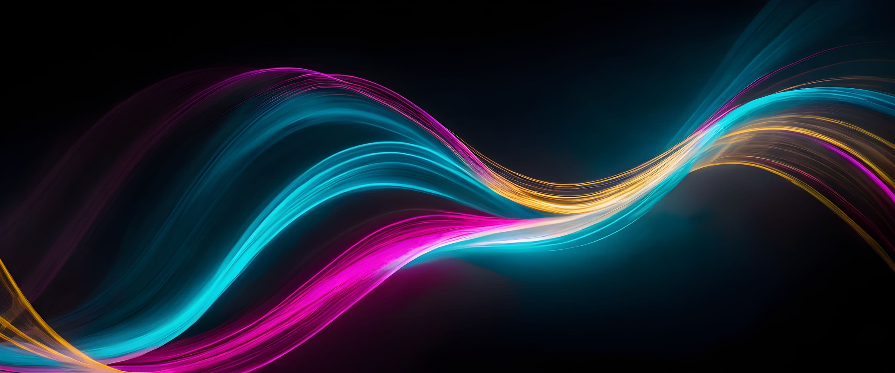 Flowing light trails in cyan, gold and pink on black