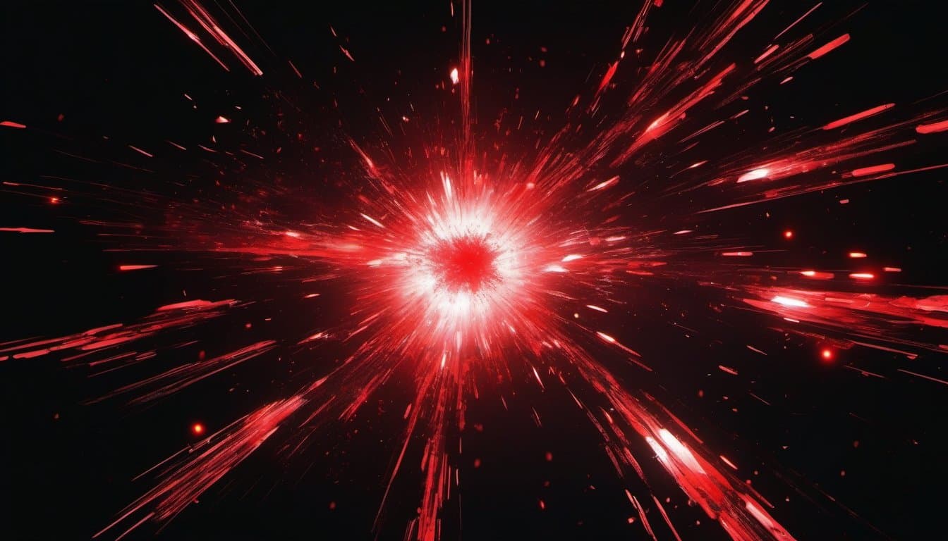 Explosive burst of red light particles on black, representing creative energy on Rekort