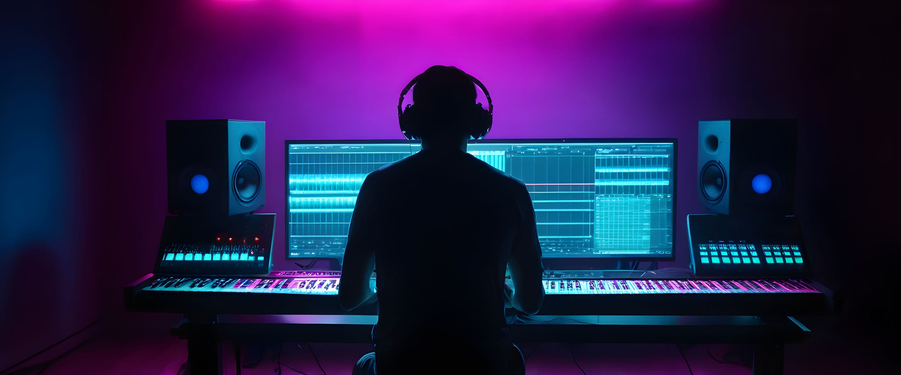 Music producer silhouetted at a glowing studio desk in pink and cyan light