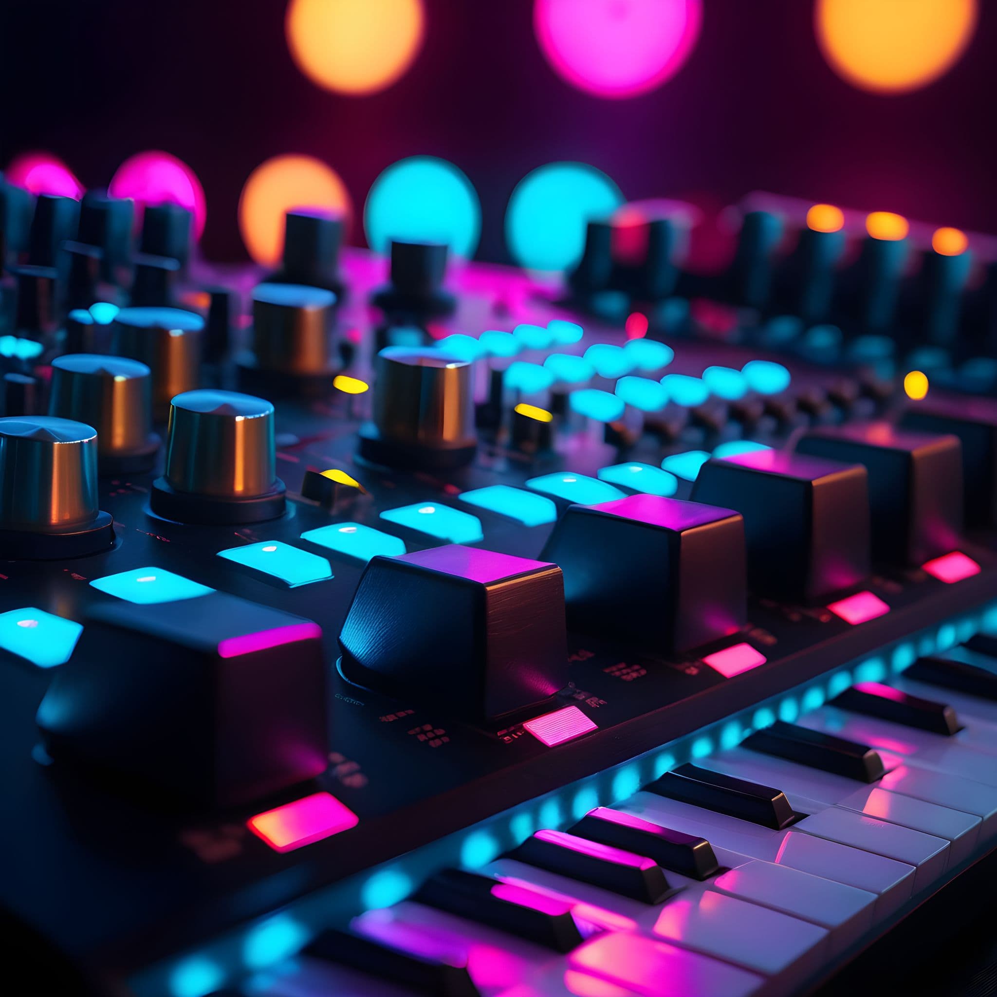 Close-up of glowing synthesizer knobs in cyan and pink light