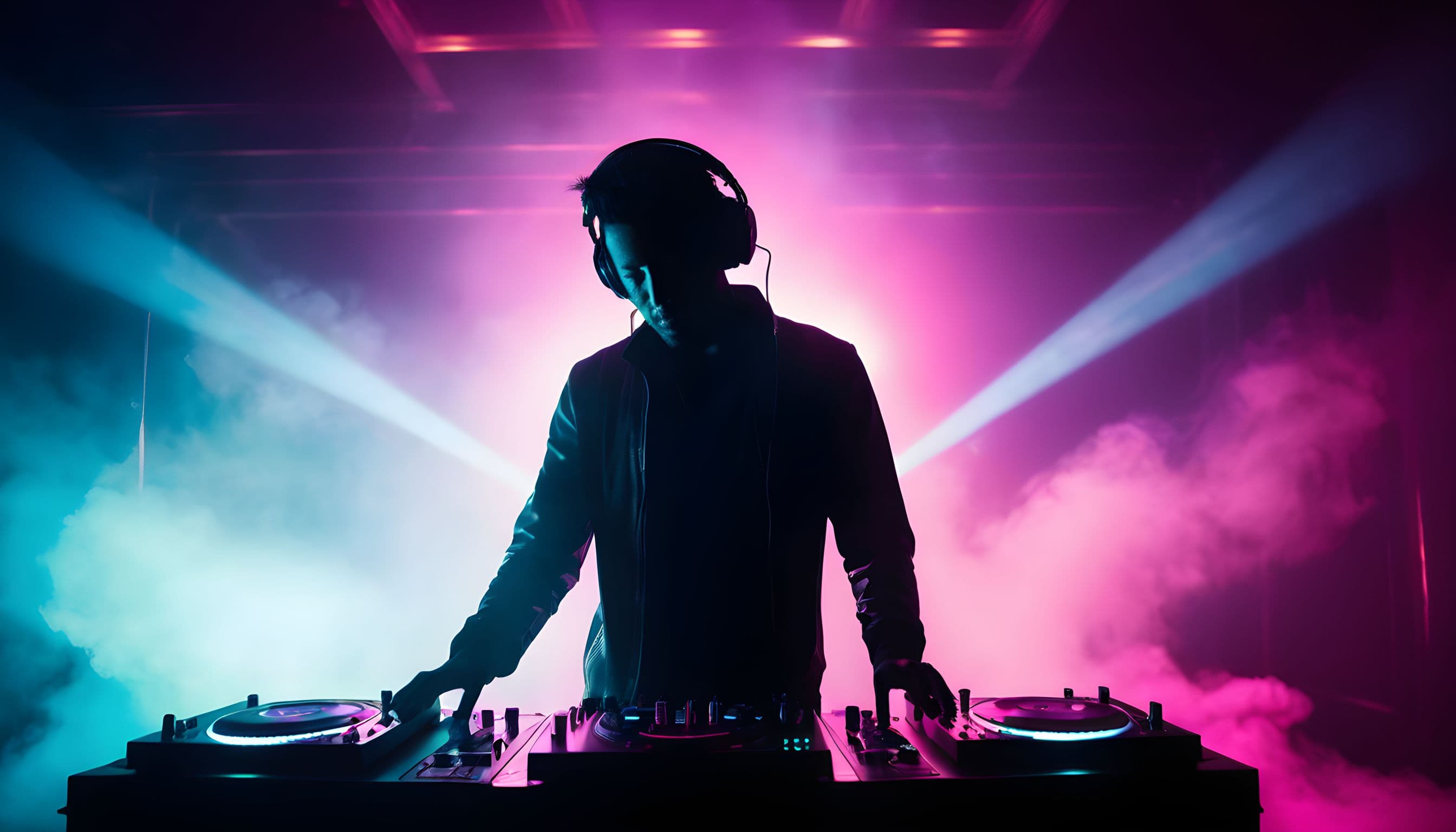 DJ silhouetted behind decks in a hazy club lit by cyan and magenta beams