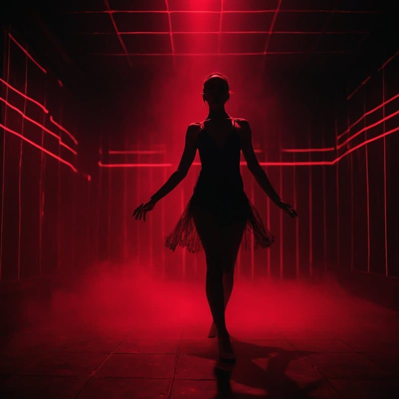 Silhouette of a dancer in red fog between thin laser lines in a dark club