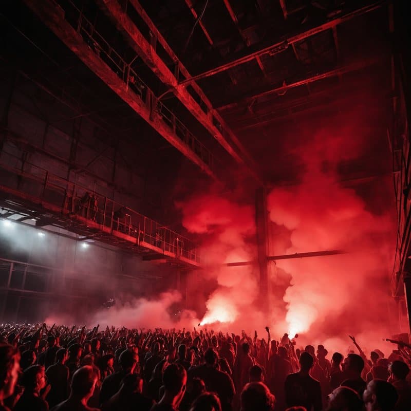 Huge crowd raving under red smoke and steel rigging in an industrial warehouse