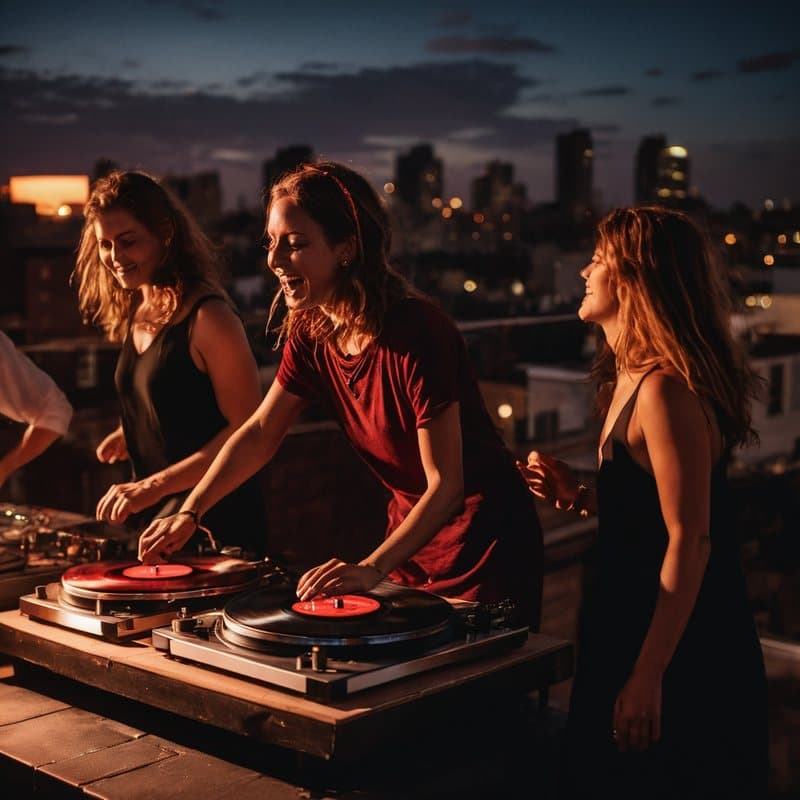 Friends dancing around turntables at a rooftop party at night, lit in warm red